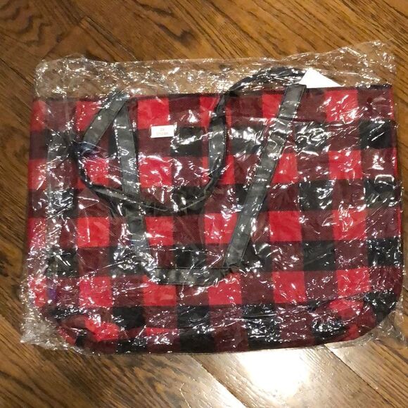 RED BLACK BUFFALO PLAID Flannel Christmas Holiday Tote Bag With Zipper Closure - Picture 5 of 8